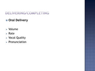 

Oral Delivery



Volume
Rate
Vocal Quality
Pronunciation






 