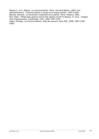 Carl Storz et al. Oral Presentation Skills Août 2002 20
Baylon C. et X. Mignot. La communication. Paris: Fernand Nahan, 1994. Voir
spéciallement V. “Communication à courte et à longue portée”. (INT 9.492)
Bouvet, Danielle. La dimension corporelle de la parole. Paris: Peeters, 2001.
Bull, Peter. “What does gesture and to the spoken word? In Barlow, H. et al. Images
and Understanding. Cambridge: CUP, 1990. (INT 9.54)
Cabin, Philippe. La Communication. Etat des savoirs. Paris PUF, 1998. (INT 9.492
CAB).
 