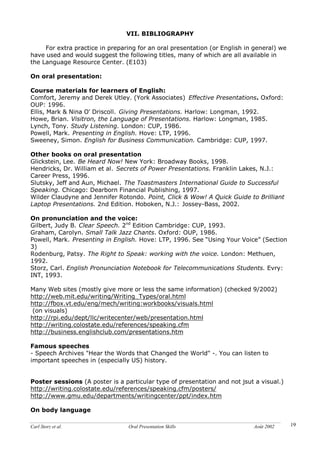 Carl Storz et al. Oral Presentation Skills Août 2002 19
VII. BIBLIOGRAPHY
For extra practice in preparing for an oral presentation (or English in general) we
have used and would suggest the following titles, many of which are all available in
the Language Resource Center. (E103)
On oral presentation:
Course materials for learners of English:
Comfort, Jeremy and Derek Utley. (York Associates) Effective Presentations. Oxford:
OUP: 1996.
Ellis, Mark & Nina O' Driscoll. Giving Presentations. Harlow: Longman, 1992.
Howe, Brian. Visitron, the Language of Presentations. Harlow: Longman, 1985.
Lynch, Tony. Study Listening. London: CUP, 1986.
Powell, Mark. Presenting in English. Hove: LTP, 1996.
Sweeney, Simon. English for Business Communication. Cambridge: CUP, 1997.
Other books on oral presentation
Glickstein, Lee. Be Heard Now! New York: Broadway Books, 1998.
Hendricks, Dr. William et al. Secrets of Power Presentations. Franklin Lakes, N.J.:
Career Press, 1996.
Slutsky, Jeff and Aun, Michael. The Toastmasters International Guide to Successful
Speaking. Chicago: Dearborn Financial Publishing, 1997.
Wilder Claudyne and Jennifer Rotondo. Point, Click & Wow! A Quick Guide to Brilliant
Laptop Presentations. 2nd Edition. Hoboken, N.J.: Jossey-Bass, 2002.
On pronunciation and the voice:
Gilbert, Judy B. Clear Speech. 2nd
Edition Cambridge: CUP, 1993.
Graham, Carolyn. Small Talk Jazz Chants. Oxford: OUP, 1986.
Powell, Mark. Presenting in English. Hove: LTP, 1996. See “Using Your Voice” (Section
3)
Rodenburg, Patsy. The Right to Speak: working with the voice. London: Methuen,
1992.
Storz, Carl. English Pronunciation Notebook for Telecommunications Students. Evry:
INT, 1993.
Many Web sites (mostly give more or less the same information) (checked 9/2002)
http://web.mit.edu/writing/Writing_Types/oral.html
http://fbox.vt.edu/eng/mech/writing:workbooks/visuals.html
(on visuals)
http://rpi.edu/dept/llc/writecenter/web/presentation.html
http://writing.colostate.edu/references/speaking.cfm
http://business.englishclub.com/presentations.htm
Famous speeches
- Speech Archives "Hear the Words that Changed the World" -. You can listen to
important speeches in (especially US) history.
Poster sessions (A poster is a particular type of presentation and not jsut a visual.)
http://writing.colostate.edu/references/speaking.cfm/posters/
http://www.gmu.edu/departments/writingcenter/ppt/index.htm
On body language
 