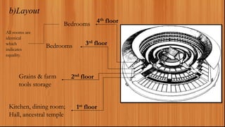 b)Layout
1st floor
2nd floor
3rd floor
4th floor
Kitchen, dining room;
Hall, ancestral temple
Grains & farm
tools storage
Bedrooms
Bedrooms
All rooms are
identical
which
indicates
equality.
 