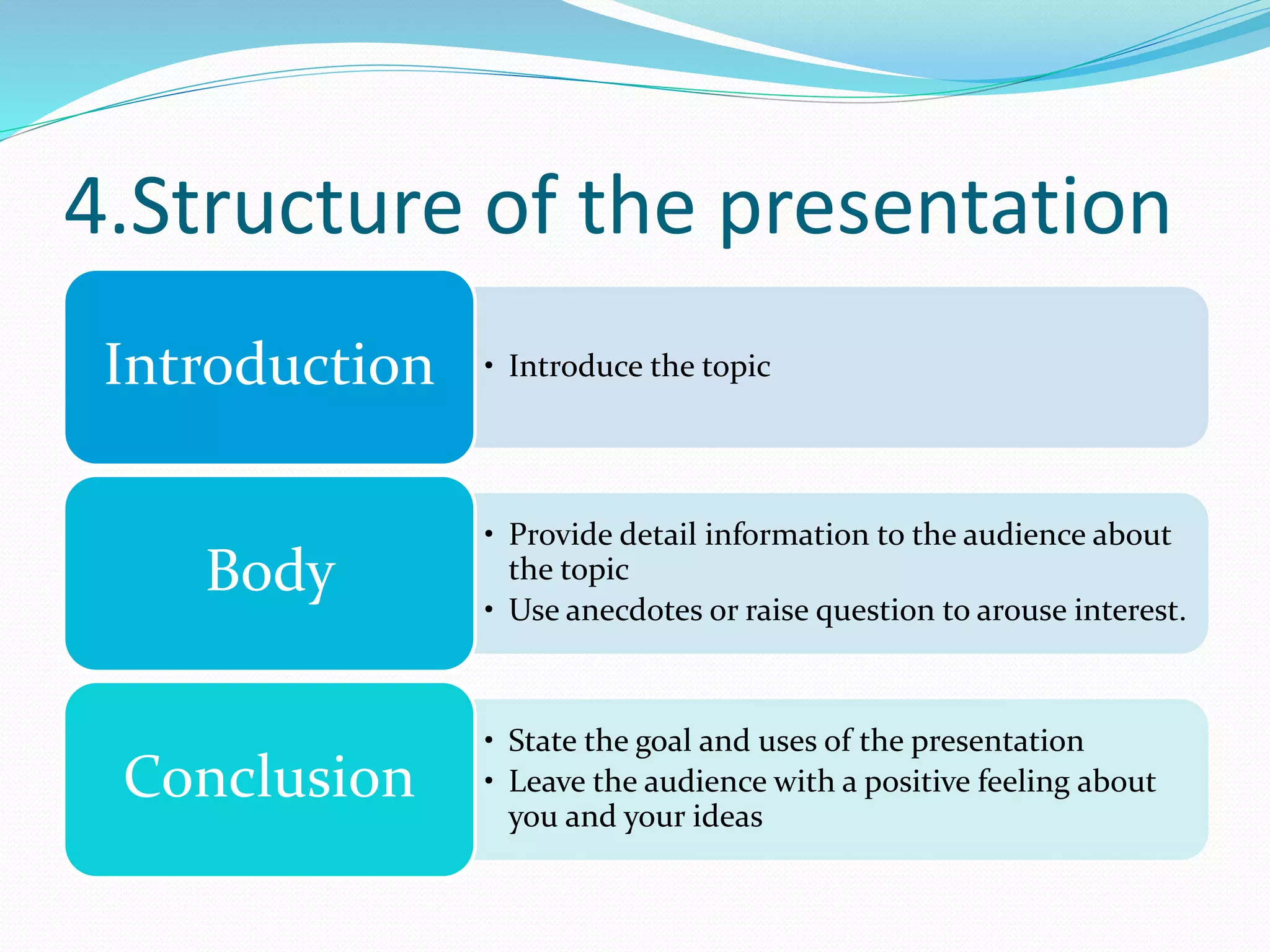 4.Structure of the presentation
• Introduce the topicIntroduction
• Provide detail information to the audience about
the topic
• Use anecdotes or raise question to arouse interest.
Body
• State the goal and uses of the presentation
• Leave the audience with a positive feeling about
you and your ideas
Conclusion
 