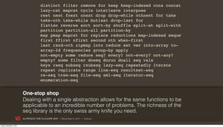 distinct filter remove for keep keep-indexed cons concat
                                        lazy-cat mapcat cycle interleave interpose
                                        rest next fnext nnext drop drop-while nthnext for take
                                        take-nth take-while butlast drop-last for
                                        flatten reverse sort sort-by shuffle split-at split-with
                                        partition partition-all partition-by
                                        map pmap mapcat for replace reductions map-indexed seque
                                        first ffirst nfirst second nth when-first
                                        last rand-nth zipmap into reduce set vec into-array to-
                                        array-2d frequencies group-by apply
                                        not-empty some reduce seq? every? not-every? not-any?
                                        empty? some filter doseq dorun doall seq vals
                                        keys rseq subseq rsubseq lazy-seq repeatedly iterate
                                        repeat replicate range line-seq resultset-seq
                                        re-seq tree-seq file-seq xml-seq iterator-seq
                                        enumeration-seq


                           One-stop shop
                           Dealing with a single abstraction allows for the same functions to be
                           applicable to an incredible number of problems. The richness of the
                           seq library is the only swiss army knife you need.
                           ALFRESCO THE CLOJURE WAY | November 8, 2011 | @skuro

Friday, November 4, 2011
 