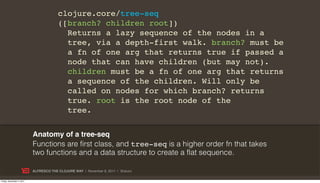 clojure.core/tree-seq
                                        ([branch? children root])
                                          Returns a lazy sequence of the nodes in a
                                          tree, via a depth-first walk. branch? must be
                                          a fn of one arg that returns true if passed a
                                          node that can have children (but may not).
                                          children must be a fn of one arg that returns
                                          a sequence of the children. Will only be
                                          called on nodes for which branch? returns
                                          true. root is the root node of the
                                          tree.


                           Anatomy of a tree-seq
                           Functions are first class, and tree-seq is a higher order fn that takes
                           two functions and a data structure to create a flat sequence.

                           ALFRESCO THE CLOJURE WAY | November 8, 2011 | @skuro

Friday, November 4, 2011
 