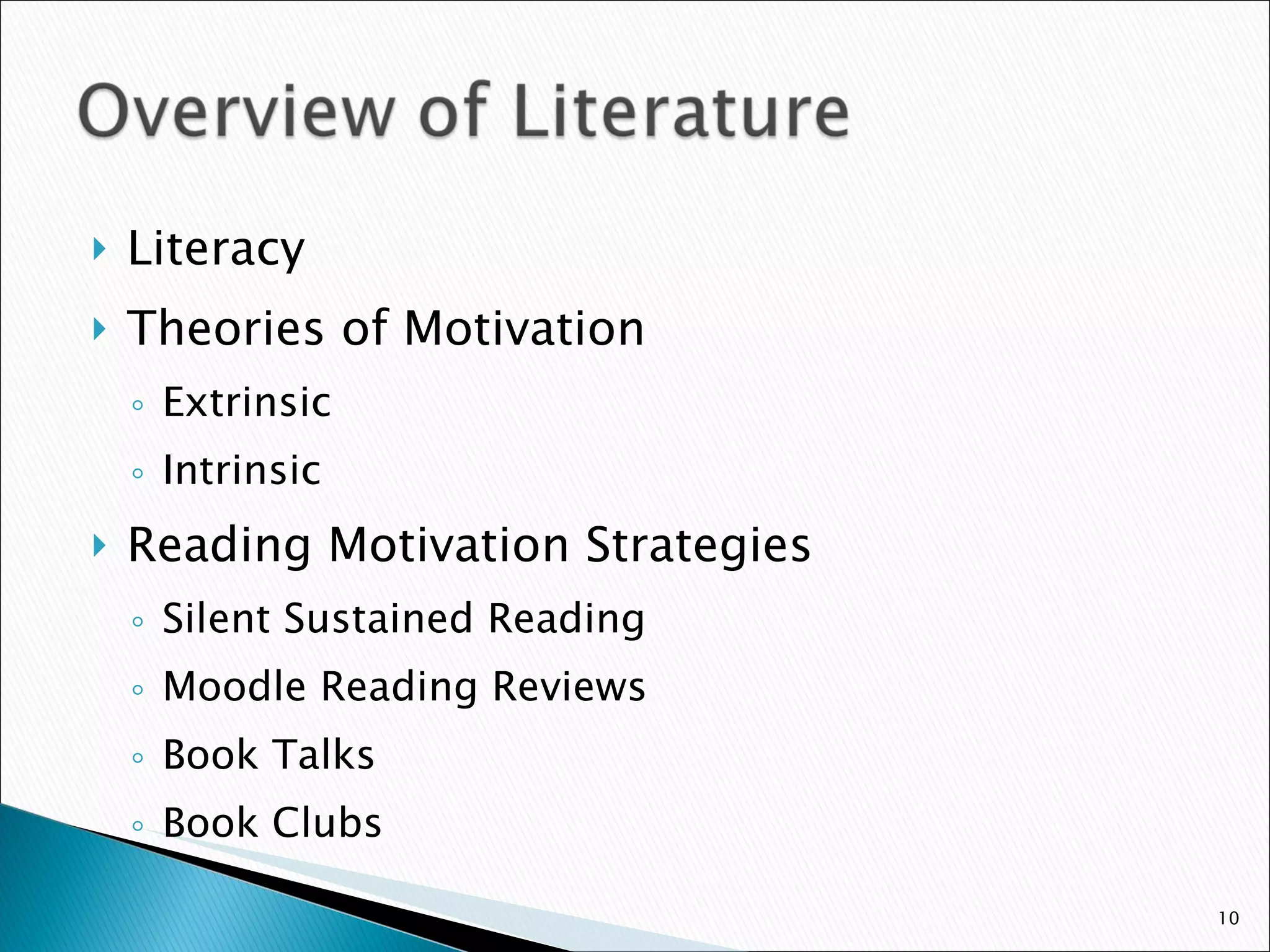 Literacy Theories of Motivation Extrinsic Intrinsic Reading Motivation Strategies Silent Sustained Reading Moodle Reading Reviews Book Talks Book Clubs 