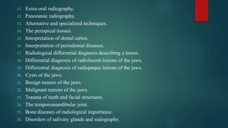 11. Extra-oral radiography.
12. Panoramic radiography.
13. Alternative and specialized techniques.
14. The periapical tissues.
15. Interpretation of dental caries.
16. Interpretation of periodontal diseases.
17. Radiological differential diagnosis describing a lesion.
18. Differential diagnosis of radiolucent lesions of the jaws.
19. Differential diagnosis of radiopaque lesions of the jaws.
20. Cysts of the jaws.
21. Benign tumors of the jaws.
22. Malignant tumors of the jaws.
23. Trauma of teeth and facial structures.
24. The temporomandibular joint.
25. Bone diseases of radiological importance.
26. Disorders of salivary glands and sialography.
 