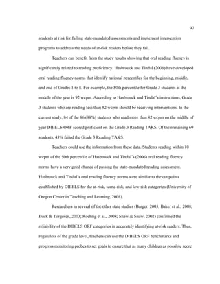 97
students at risk for failing state-mandated assessments and implement intervention
programs to address the needs of at-risk readers before they fail.
Teachers can benefit from the study results showing that oral reading fluency is
significantly related to reading proficiency. Hasbrouck and Tindal (2006) have developed
oral reading fluency norms that identify national percentiles for the beginning, middle,
and end of Grades 1 to 8. For example, the 50th percentile for Grade 3 students at the
middle of the year is 92 wcpm. According to Hasbrouck and Tindal’s instructions, Grade
3 students who are reading less than 82 wcpm should be receiving interventions. In the
current study, 84 of the 86 (98%) students who read more than 82 wcpm on the middle of
year DIBELS ORF scored proficient on the Grade 3 Reading TAKS. Of the remaining 69
students, 43% failed the Grade 3 Reading TAKS.
Teachers could use the information from these data. Students reading within 10
wcpm of the 50th percentile of Hasbrouck and Tindal’s (2006) oral reading fluency
norms have a very good chance of passing the state-mandated reading assessment.
Hasbrouck and Tindal’s oral reading fluency norms were similar to the cut points
established by DIBELS for the at-risk, some-risk, and low-risk categories (University of
Oregon Center in Teaching and Learning, 2008).
Researchers in several of the other state studies (Barger, 2003; Baker et al., 2008;
Buck & Torgesen, 2003; Roehrig et al., 2008; Shaw & Shaw, 2002) confirmed the
reliability of the DIBELS ORF categories in accurately identifying at-risk readers. Thus,
regardless of the grade level, teachers can use the DIBELS ORF benchmarks and
progress monitoring probes to set goals to ensure that as many children as possible score
 
