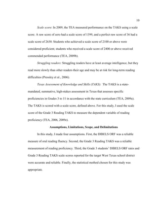 10
Scale score: In 2009, the TEA measured performance on the TAKS using a scale
score. A raw score of zero had a scale score of 1399, and a perfect raw score of 36 had a
scale score of 2630. Students who achieved a scale score of 2100 or above were
considered proficient; students who received a scale score of 2400 or above received
commended performance (TEA, 2009b).
Struggling readers: Struggling readers have at least average intelligence, but they
read more slowly than other readers their age and may be at risk for long-term reading
difficulties (Pressley et al., 2006).
Texas Assessment of Knowledge and Skills (TAKS): The TAKS is a state-
mandated, summative, high-stakes assessment in Texas that assesses specific
proficiencies in Grades 3 to 11 in accordance with the state curriculum (TEA, 2009a).
The TAKS is scored with a scale score, defined above. For this study, I used the scale
score of the Grade 3 Reading TAKS to measure the dependent variable of reading
proficiency (TEA, 2006, 2009e).
Assumptions, Limitations, Scope, and Delimitations
In this study, I made four assumptions. First, the DIBELS ORF was a reliable
measure of oral reading fluency. Second, the Grade 3 Reading TAKS was a reliable
measurement of reading proficiency. Third, the Grade 3 students’ DIBELS ORF rates and
Grade 3 Reading TAKS scale scores reported for the target West Texas school district
were accurate and reliable. Finally, the statistical method chosen for this study was
appropriate.
 