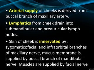 • Arterial supply of cheeks is derived from
buccal branch of maxillary artery.
• Lymphatics from cheek drain into
submandibular and preauricular lymph
nodes.
• Skin of cheek is innervated by :
zygomaticofacial and infraorbital branches
of maxillary nerve, mucus membrane is
supplied by buccal branch of mandibular
nerve. Muscles are supplied by facial nerve
 