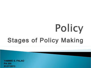 Stages of Policy Making


YAMMIE S. PALAO
PA 205
01/27/2013
 