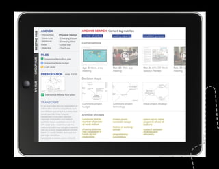 AGENDA                                      ARCHIVE SEARCH: Content tag matches
MEETING HUB
MEETING HUB                      Physical Design
              • Voices Area                               number of visitors     seating capacity     installation purpose
              • Ideas Area       • Emerging Voices
              • Additional       • Emerging Ideas
                                                          Conversations
              Areas              • Donor Wall
              • Web App          • The Pulse


              FILES
GROUP HUB




                  Interactive Media floor plan
                  Interactive Media budget
                  Light study                             Apr. 3: Ideas area     Mar. 22: Web app     Mar. 5: 90% DD Work        Feb. 26: Leaders
                                                          meeting                meeting              Session Review             meeting
              PRESENTATION              slide 19/30
                                                          Decision maps
MY HUB




                  Interactive Media floor plan


              TRANSCRIPT
					




                                                          Commons project        Commons project      Initial project strategy
              Et es aute nulpa sequisc iasperatem et      budget                 technology
              volore dolor maximi, utaspellenis num,
              comnihitiam quis et apit quia simo beat
              est od quo doloritiae moluptat.             Archival phrases
              Gendendani cone plam ratempo
              reperspit molorectem eum estium             functional limit to    limited pixels       option would allow
              quidicitis sequis quiatatiae parum et       number of people       constrain design     project to afford all
              offic totae doles maximinum ipit mo         at each station                             stations
              volorum si cullat inus dolupta eriaectota                          history of working
              vitat ea at eum, seque dollandi omnihic     phasing stations       groups               tradeoff between
              tatem. Ut quatio totatist, eum que con      into installation if                        diversity and
              plat fugia delicilibus.                     funds do not           programming          efficiency
              Lesedignis ut quissin perero dolenda        materialize            possibilities
 