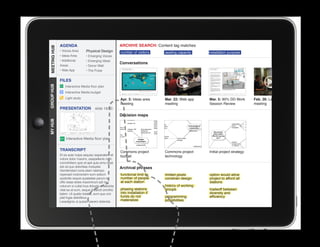 AGENDA                                      ARCHIVE SEARCH: Content tag matches
MEETING HUB
MEETING HUB                      Physical Design
              • Voices Area                               number of visitors     seating capacity     installation purpose
              • Ideas Area       • Emerging Voices
              • Additional       • Emerging Ideas
                                                          Conversations
              Areas              • Donor Wall
              • Web App          • The Pulse


              FILES
GROUP HUB




                  Interactive Media floor plan
                  Interactive Media budget
                  Light study                             Apr. 3: Ideas area     Mar. 22: Web app     Mar. 5: 90% DD Work        Feb. 26: Leaders
                                                          meeting                meeting              Session Review             meeting
              PRESENTATION              slide 19/30
                                                          Decision maps
MY HUB




                  Interactive Media floor plan


              TRANSCRIPT
					




                                                          Commons project        Commons project      Initial project strategy
              Et es aute nulpa sequisc iasperatem et      budget                 technology
              volore dolor maximi, utaspellenis num,
              comnihitiam quis et apit quia simo beat
              est od quo doloritiae moluptat.             Archival phrases
              Gendendani cone plam ratempo
              reperspit molorectem eum estium             functional limit to    limited pixels       option would allow
              quidicitis sequis quiatatiae parum et       number of people       constrain design     project to afford all
              offic totae doles maximinum ipit mo         at each station                             stations
              volorum si cullat inus dolupta eriaectota                          history of working
              vitat ea at eum, seque dollandi omnihic     phasing stations       groups               tradeoff between
              tatem. Ut quatio totatist, eum que con      into installation if                        diversity and
              plat fugia delicilibus.                     funds do not           programming          efficiency
              Lesedignis ut quissin perero dolenda        materialize            possibilities
 