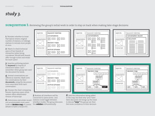 research              framework               exploration               visualization



study 3.

subquestion 3. Reviewing the group’s initial work in order to stay on track when making later stage decisions

                                       agenda         keyword matches                      agenda        keyword matches              agenda         keyword matches

1. Wonders whether to insist                         conversations                                       conversations                               conversation record
that layout retains original          presentation                                        presentation                                presentation     document
number of stations, or redesign
stations to include more people                      decision maps
at once.
2. Wants to check technical            transcript
                                                     archival phrases
                                                                                           transcript                                 transcript
specs of two brands of
interactive tables being
considered. Would both brands
offer enough screen real estate
for more users?
3. Searches archiving system
by keyword for brands of
interactive tables. Can’t              agenda         keyword matches                      agenda        keyword matches              agenda         keyword matches
remember when group last used
                                                     conversations                                       decision map                                decision map
the document he needs.
4. Several conversations are          presentation                                        presentation                                presentation
                                                                                                                    decision                                    decision
offered as matches. Mark sorts                       decision maps
the conversations by their
documents, using the document                                                                                   solution                                    solution
                                       transcript                                          transcript                                 transcript
icons associated with each                           archival phrases
conversation.                                                                                             pro       pro        con?                   pro      pro         con
5. Chooses the chart comparing
brands. Examines specs while
system offers abbreviated
version of transcript.
                                  7. Realizes all interfaces will be          8. Sees the information being added
                                 connected to same server, and                to the map, but that only “pros” have
6. Determines real estate would stations could toggle between                 been discussed. He brings up the need
not accommodate more users.      interface modes. The group discusses         to discuss       The group can then
Looks at              of current this        enthusiastically.                feel more confidence in their decision.
debate to have a visual of it.
 