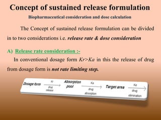 Concept of sustained release formulation
The Concept of sustained release formulation can be divided
in to two considerations i.e. release rate & dose consideration
A) Release rate consideration :-
In conventional dosage form Kr>Ka in this the release of drug
from dosage form is not rate limiting step.
Biopharmaceutical consideration and dose calculation
 