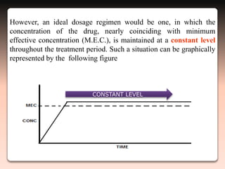 However, an ideal dosage regimen would be one, in which the
concentration of the drug, nearly coinciding with minimum
effective concentration (M.E.C.), is maintained at a constant level
throughout the treatment period. Such a situation can be graphically
represented by the following figure
CONSTANT LEVEL
 