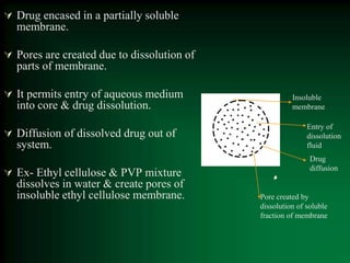  Drug encased in a partially soluble
membrane.
 Pores are created due to dissolution of
parts of membrane.
 It permits entry of aqueous medium
into core & drug dissolution.
 Diffusion of dissolved drug out of
system.
 Ex- Ethyl cellulose & PVP mixture
dissolves in water & create pores of
insoluble ethyl cellulose membrane.
Insoluble
membrane
Pore created by
dissolution of soluble
fraction of membrane
Entry of
dissolution
fluid
Drug
diffusion
 