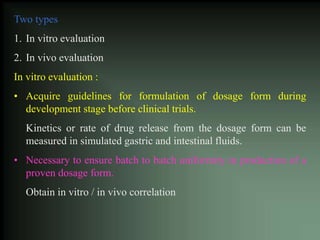 Two types
1. In vitro evaluation
2. In vivo evaluation
In vitro evaluation :
• Acquire guidelines for formulation of dosage form during
development stage before clinical trials.
Kinetics or rate of drug release from the dosage form can be
measured in simulated gastric and intestinal fluids.
• Necessary to ensure batch to batch uniformity in production of a
proven dosage form.
Obtain in vitro / in vivo correlation
 
