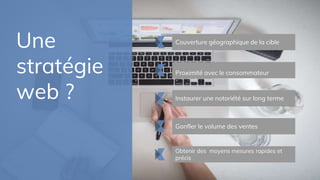 Une
stratégie
web ?
Couverture géographique de la cible
Proximité avec le consommateur
Instaurer une notoriété sur long terme
Gonfler le volume des ventes
Obtenir des moyens mesures rapides et
précis
 