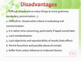 1. Difficult to evaluate so many things at once( grammar,
vocabulary, pronunciation...).
2. Difficult to choose what criteria in evaluating oral
communication.
3. It is rather time consuming, particularly if taped scored later.
4. Lack standardization
5. Lack objectivity and reproducibility of results (halo effect)
6. Permit favoritism and possible abuse of contact
7. Suffer from undue influence or irrelevant factors
 
