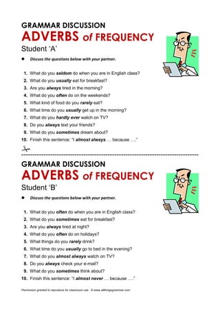 GRAMMAR DISCUSSION
ADVERBS of FREQUENCY
Student ‘A’
 Discuss the questions below with your partner.
1. What do you seldom do when you are in English class?
2. What do you usually eat for breakfast?
3. Are you always tired in the morning?
4. What do you often do on the weekends?
5. What kind of food do you rarely eat?
6. What time do you usually get up in the morning?
7. What do you hardly ever watch on TV?
8. Do you always text your friends?
9. What do you sometimes dream about?
10. Finish this sentence: “I almost always … because ….”

--------------------------------------------------------------------------------
GRAMMAR DISCUSSION
ADVERBS of FREQUENCY
Student ‘B’
 Discuss the questions below with your partner.
1. What do you often do when you are in English class?
2. What do you sometimes eat for breakfast?
3. Are you always tired at night?
4. What do you often do on holidays?
5. What things do you rarely drink?
6. What time do you usually go to bed in the evening?
7. What do you almost always watch on TV?
8. Do you always check your e-mail?
9. What do you sometimes think about?
10. Finish this sentence: “I almost never … because ….”
Permission granted to reproduce for classroom use. © www.allthingsgrammar.com
 
