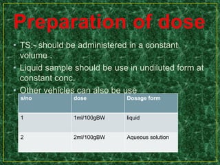 • TS:- should be administered in a constant
volume .
• Liquid sample should be use in undiluted form at
constant conc.
• Other vehicles can also be use
s/no dose Dosage form
1 1ml/100gBW liquid
2 2ml/100gBW Aqueous solution
 