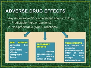 • Any undesirable &/ or unintended effects of drug,
• 1. Predictable (type A reactions)
• 2. Non-predictable (type B reactions)
 