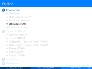 Outline
1 Introduction
Overview
Hide Access Pattern
Goals and Actions
Oblivious RAM
Cuckoo Hashing
2 Types of ORAM
Optimal ORAM
Trivial ORAM
Goldreich’s ”Square Root” ORAM
Ostrovsky’s ”Hierarchical” ORAM
Binary ORAM
Path ORAM
Circuit ORAM
3 Summary
4 References
A. Satapathy, C. Soni Oblivious RAM (ORAM) 2017, July 24th
15 / 136
 