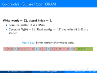 Goldreich’s ”Square Root” ORAM
Write word9 = 92, actual index = 9.
Scan the shelter. It is a Miss.
Compute Π1(9) = 11. Read word11 = ’14’ and write (9 || 92) to
shelter.
Figure 2.17: Server memory after writing word9.
A. Satapathy, C. Soni Oblivious RAM (ORAM) 2017, July 24th
50 / 136
 