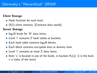 Ostrovsky’s ”Hierarchical” ORAM
Client Storage
Hash function for each level.
O(1) client memory. [Constant data words].
Server Storage
log2N levels for ’N’ data items.
Level ’i’ contains 2i hash tables or buckets.
Each hash table contains log2N blocks.
Each block contains encrypted data or dummy item.
Level ’i’ contains at most 2i data items.
Item ’x’ is located in one of the levels, in buckets Hi(x). (i is the level,
x is index of the item)
A. Satapathy, C. Soni Oblivious RAM (ORAM) 2017, July 24th
56 / 136
 