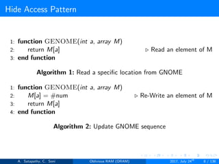 Hide Access Pattern
1: function GENOME(int a, array M)
2: return M[a] Read an element of M
3: end function
Algorithm 1: Read a speciﬁc location from GNOME
1: function GENOME(int a, array M)
2: M[a] = #num Re-Write an element of M
3: return M[a]
4: end function
Algorithm 2: Update GNOME sequence
A. Satapathy, C. Soni Oblivious RAM (ORAM) 2017, July 24th
8 / 136
 