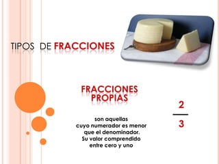 tipos de fraccionesfracciones propiasson aquellas cuyo numerador es menor que el denominador. Su valor comprendido entre cero y uno