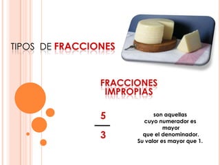 tipos de fraccionesfracciones impropiasson aquellas cuyo numerador es mayor que el denominador. Su valor es mayor que 1.