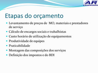 Etapas do orçamento
 Levantamento de preços de MO, materiais e prestadores
de serviço
 Cálculo de encargos sociais e trabalhistas
 Custo horário de utilização de equipamentos
 Produtividade de equipes
 Praticabilidade
 Montagem das composições dos serviços
 Definição dos impostos e do BDI
 