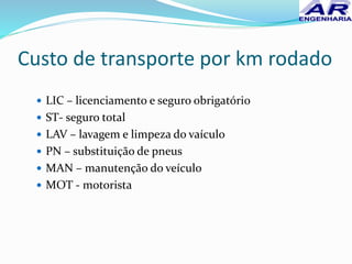 Custo de transporte por km rodado
 LIC – licenciamento e seguro obrigatório
 ST- seguro total
 LAV – lavagem e limpeza do vaículo
 PN – substituição de pneus
 MAN – manutenção do veículo
 MOT - motorista
 