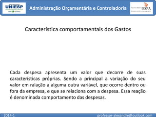 Administração Orçamentária e Controladoria

Característica comportamentais dos Gastos

Cada despesa apresenta um valor que decorre de suas
características próprias. Sendo a principal a variação do seu
valor em ralação a alguma outra variável, que ocorre dentro ou
fora da empresa, e que se relaciona com a despesa. Essa reação
é denominada comportamento das despesas.

2014-1

professor-alexandre@outlook.com

 
