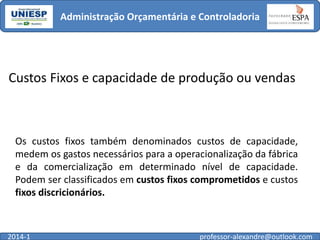Administração Orçamentária e Controladoria

Custos Fixos e capacidade de produção ou vendas

Os custos fixos também denominados custos de capacidade,
medem os gastos necessários para a operacionalização da fábrica
e da comercialização em determinado nível de capacidade.
Podem ser classificados em custos fixos comprometidos e custos
fixos discricionários.

2014-1

professor-alexandre@outlook.com

 
