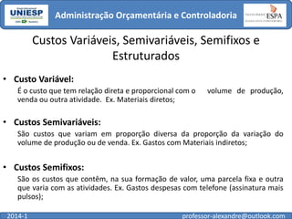 Administração Orçamentária e Controladoria

Custos Variáveis, Semivariáveis, Semifixos e
Estruturados
• Custo Variável:
É o custo que tem relação direta e proporcional com o
venda ou outra atividade. Ex. Materiais diretos;

volume de produção,

• Custos Semivariáveis:
São custos que variam em proporção diversa da proporção da variação do
volume de produção ou de venda. Ex. Gastos com Materiais indiretos;

• Custos Semifixos:
São os custos que contêm, na sua formação de valor, uma parcela fixa e outra
que varia com as atividades. Ex. Gastos despesas com telefone (assinatura mais
pulsos);
2014-1

professor-alexandre@outlook.com

 