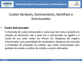 Administração Orçamentária e Controladoria

Custos Variáveis, Semivariáveis, Semifixos e
Estruturados
• Custo Estruturado:
É chamado de custo estruturado o custo que tem uma variação em
relação ao elemento sob o qual ele é estruturado ou ligado e é
causa de seu valor maior ou menor. Ex. Despesas de viagens
relacionadas com quantidade de vendedores; despesas de consulta
a entidades de proteção ao crédito, que estão relacionadas com
pedidos de venda e análise de crédito a serem efetuados.

2014-1

professor-alexandre@outlook.com

 