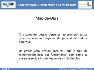 Administração Orçamentária e Controladoria

Mão-de-Obra

O orçamento dessas despesas apresentará gastos
previstos com as despesas de pessoal de toda a
empresa.
Os gastos com pessoal incluem todo o tipo de
remuneração paga aos funcionários, bem como os
encargos sociais incidentes sobre a mão-de-obra.

2014-1

professor-alexandre@outlook.com

 