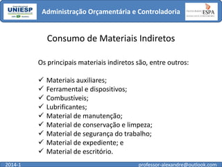 Administração Orçamentária e Controladoria

Consumo de Materiais Indiretos
Os principais materiais indiretos são, entre outros:









2014-1

Materiais auxiliares;
Ferramental e dispositivos;
Combustíveis;
Lubrificantes;
Material de manutenção;
Material de conservação e limpeza;
Material de segurança do trabalho;
Material de expediente; e
Material de escritório.
professor-alexandre@outlook.com

 
