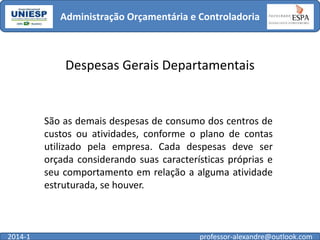 Administração Orçamentária e Controladoria

Despesas Gerais Departamentais

São as demais despesas de consumo dos centros de
custos ou atividades, conforme o plano de contas
utilizado pela empresa. Cada despesas deve ser
orçada considerando suas características próprias e
seu comportamento em relação a alguma atividade
estruturada, se houver.

2014-1

professor-alexandre@outlook.com

 