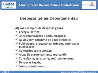 Administração Orçamentária e Controladoria

Despesas Gerais Departamentais
Alguns exemplos de despesas gerais:
 Energia Elétrica;
 Telecomunicações e comunicações;
 Gastos com consumo de água e esgoto;
 Publicidade, propaganda, brindes, anúncios e
publicações;
 Comissões sobre vendas;
 Aluguéis e arrendamento mercantil;
 Consultoria, assessoria, auditoria externa;
 Despesas Legais;
 Serviços autônomos.
2014-1

professor-alexandre@outlook.com

 