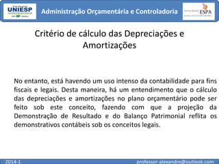 Administração Orçamentária e Controladoria

Critério de cálculo das Depreciações e
Amortizações

No entanto, está havendo um uso intenso da contabilidade para fins
fiscais e legais. Desta maneira, há um entendimento que o cálculo
das depreciações e amortizações no plano orçamentário pode ser
feito sob este conceito, fazendo com que a projeção da
Demonstração de Resultado e do Balanço Patrimonial reflita os
demonstrativos contábeis sob os conceitos legais.

2014-1

professor-alexandre@outlook.com

 