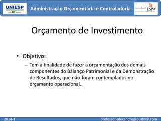 Administração Orçamentária e Controladoria

Orçamento de Investimento
• Objetivo:
– Tem a finalidade de fazer a orçamentação dos demais
componentes do Balanço Patrimonial e da Demonstração
de Resultados, que não foram contemplados no
orçamento operacional.

2014-1

professor-alexandre@outlook.com

 