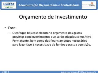 Administração Orçamentária e Controladoria

Orçamento de Investimento
• Foco:
– O enfoque básico é elaborar o orçamento dos gastos
previstos com investimentos que serão ativados como Ativo
Permanente, bem como dos financiamentos necessários
para fazer face à necessidade de fundos para sua aquisição.

2014-1

professor-alexandre@outlook.com

 