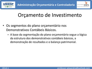 Administração Orçamentária e Controladoria

Orçamento de Investimento
• Os segmentos do plano orçamentário nos
Demonstrativos Contábeis Básicos.
– A base da segmentação do plano orçamentário segue a lógica
da estrutura dos demonstrativos contábeis básicos, a
demonstração de resultados e o balanço patrimonial.

2014-1

professor-alexandre@outlook.com

 