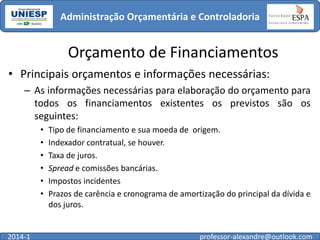 Administração Orçamentária e Controladoria

Orçamento de Financiamentos
• Principais orçamentos e informações necessárias:
– As informações necessárias para elaboração do orçamento para
todos os financiamentos existentes os previstos são os
seguintes:
•
•
•
•
•
•

2014-1

Tipo de financiamento e sua moeda de origem.
Indexador contratual, se houver.
Taxa de juros.
Spread e comissões bancárias.
Impostos incidentes
Prazos de carência e cronograma de amortização do principal da dívida e
dos juros.

professor-alexandre@outlook.com

 