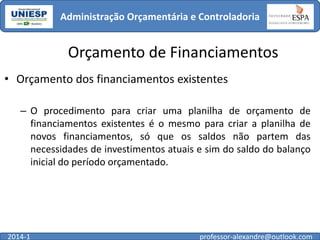 Administração Orçamentária e Controladoria

Orçamento de Financiamentos
• Orçamento dos financiamentos existentes
– O procedimento para criar uma planilha de orçamento de
financiamentos existentes é o mesmo para criar a planilha de
novos financiamentos, só que os saldos não partem das
necessidades de investimentos atuais e sim do saldo do balanço
inicial do período orçamentado.

2014-1

professor-alexandre@outlook.com

 