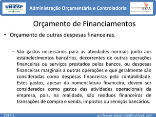 Administração Orçamentária e Controladoria

Orçamento de Financiamentos
• Orçamento de outras despesas financeiras.
– São gastos necessários para as atividades normais junto aos
estabelecimentos bancários, decorrentes de outras operações
financeiras ou serviços prestados pelos bancos, ou despesas
financeiras marginais a outras operações e que geralmente são
consideradas como despesas financeiras pela contabilidade.
Estes gastos, apesar da nomenclatura financeira, devem ser
considerados como gastos das atividades operacionais da
empresa, pois, na realidade, são resíduos financeiros de
transações de compra e venda, impostos ou serviços bancários.
2014-1

professor-alexandre@outlook.com

 