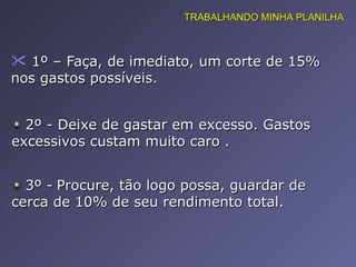 1º – Faça, de imediato, um corte de 15% nos gastos possíveis.  2º - Deixe de gastar em excesso. Gastos excessivos custam muito caro . 3º -   Procure, tão logo possa, guardar de cerca de 10% de seu rendimento total. TRABALHANDO MINHA PLANILHA 