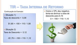  Situação 1)
Taxa de desconto = 0,08
$1,85 = -100 + 110 / 1,08
 Situação 2)
Taxa de Desconto = 0,12
-$1,79 = -100 + 110 / 1,12
Continuação do Exemplo:  Como o VPL deu negativo,
tenta-se diminuir a taxa de
desconto para 0,10
0 = -100 + 110 / 1,10
 